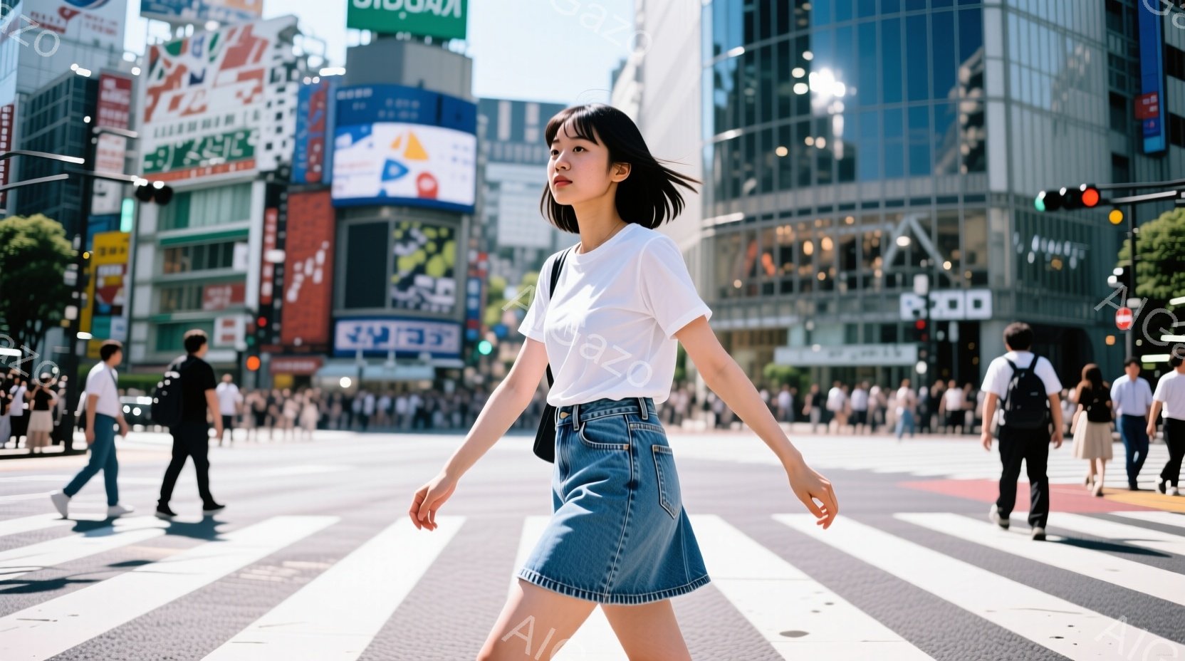渋谷のスクランブル交差点で、一人の若い女性が歩行者の中を歩いている。白いTシャツとデニムのスカートを身につけ、肩までの黒髪で、少しこちらを見て微笑んでいるように見える。背景には高層ビルや多くの人々が見 - AI生成フリー素材