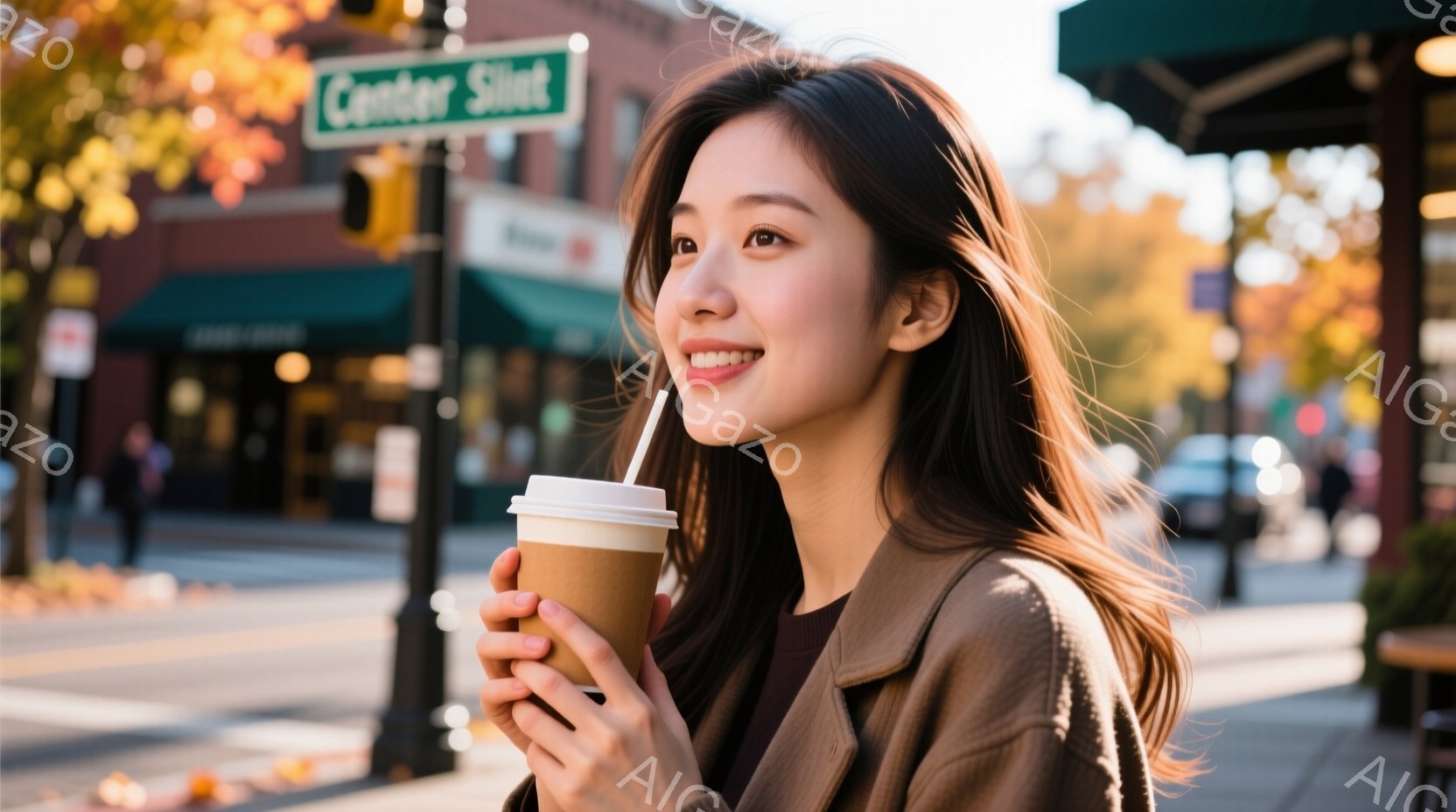 長い茶色の髪をした女性が、紙製のテイクアウトカップに入った飲み物を手に持っています。彼女は茶色のトップスとベージュのジャケットを着ており、わずかに上を見上げて微笑んでいます。背景には、道路、建物、そし - AI生成フリー素材