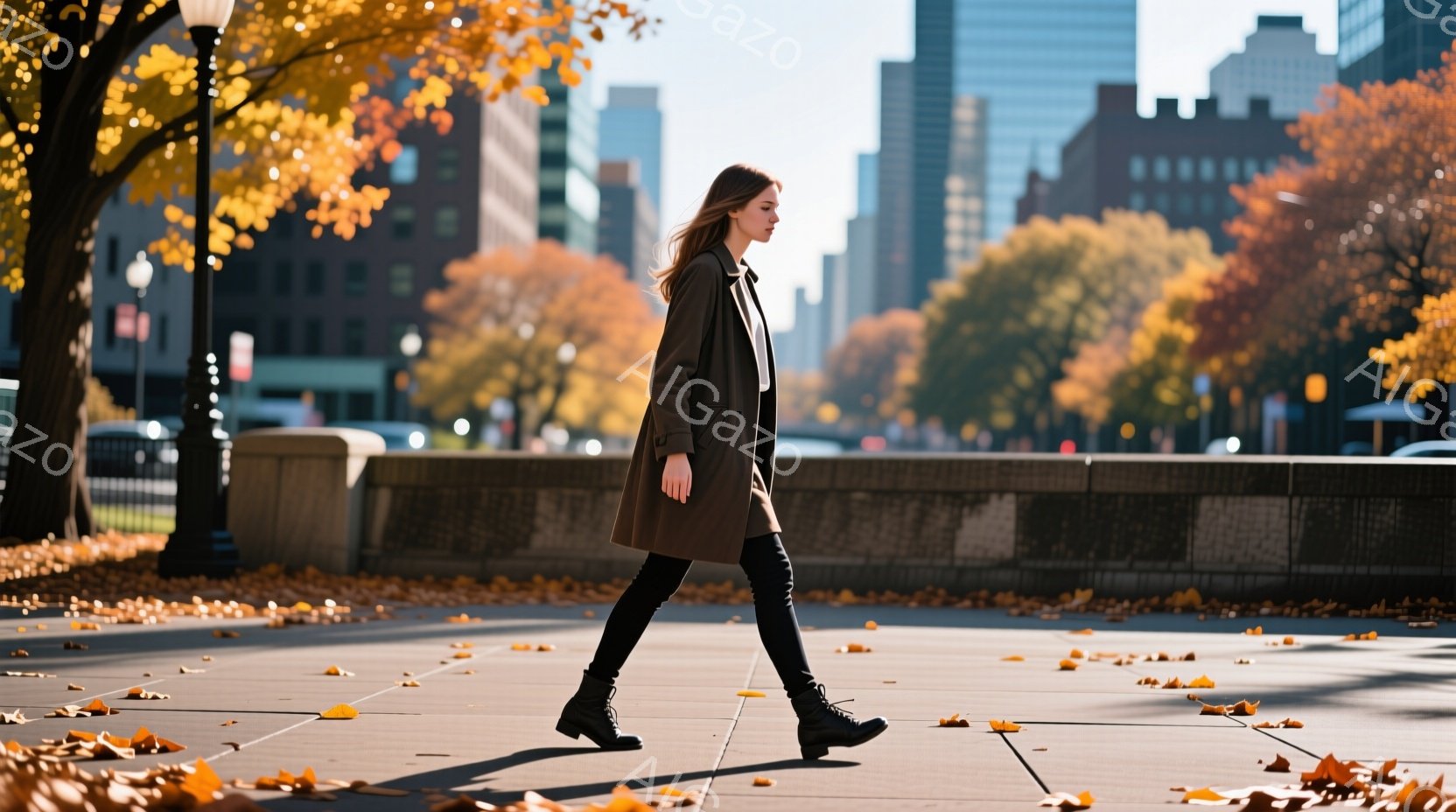 長い茶色のコートを着た女性が、街路を歩いている。彼女は黒いパンツとブーツを履き、髪は肩にかかる長さで、横に流している。背景には、高い建物と鮮やかな紅葉の木々があり、日差しが暖かく、秋の穏やかな雰囲気を - AI生成フリー素材
