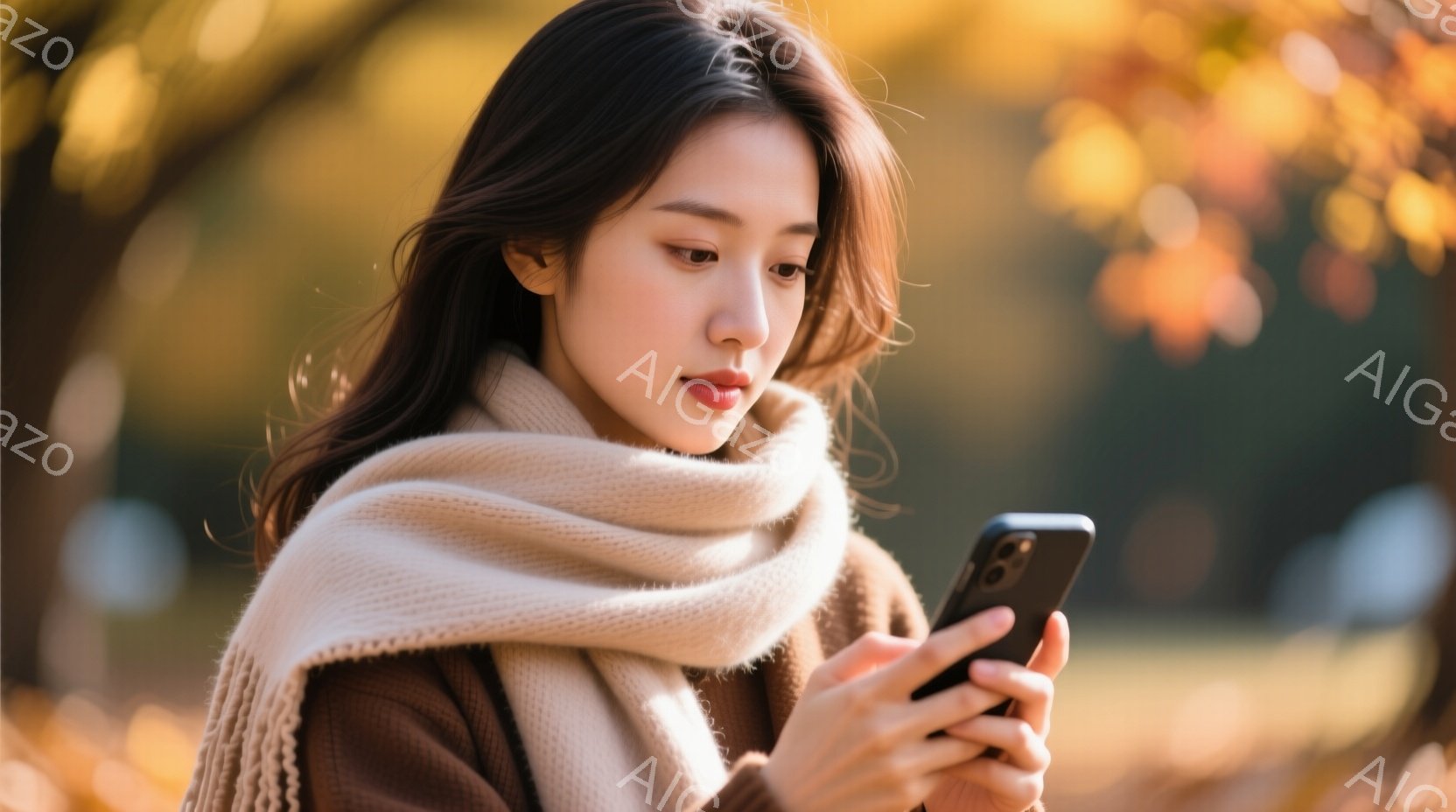 長い茶色の髪を無造作に肩にかけ、ベージュ色のニットセーターとマフラーを身につけた女性が写っています。彼女はスマートフォンを手に持ち、何かを確認しているかのように見つめており、やや物憂げな表情を浮かべて - AI生成フリー素材