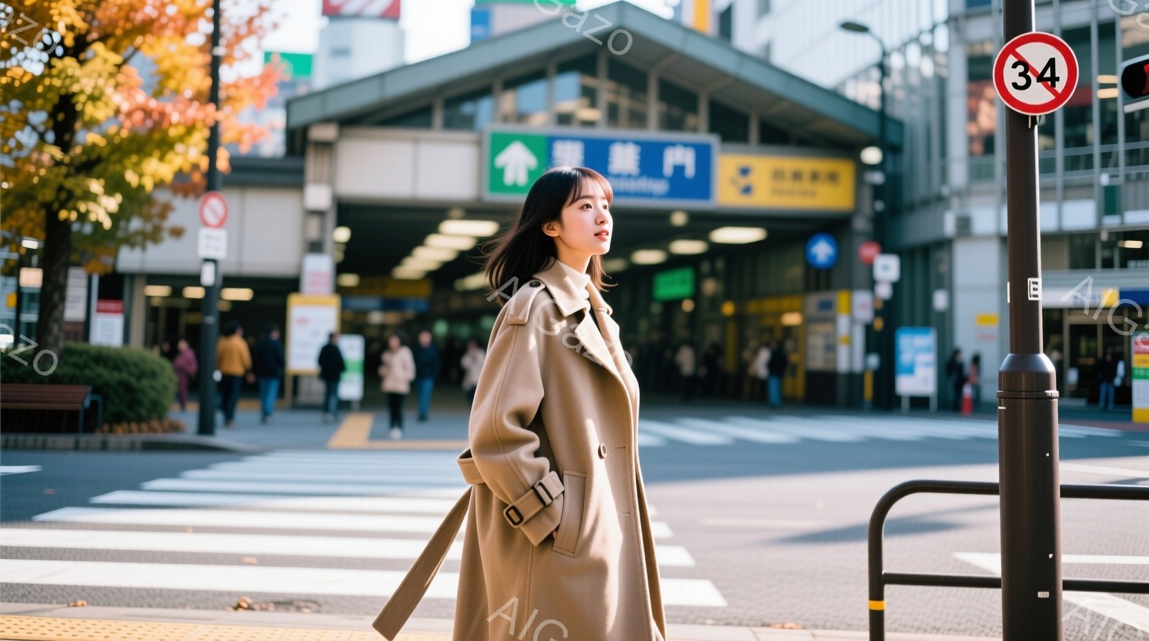 女性はベージュ色のトレンチコートを着て、横を向いて歩いています。彼女は長い黒髪で、少し微笑んでいるように見えます。背景には横断歩道と、多くの人が歩く通り、そして近代的な建物が見えます。 - AI生成フリー素材