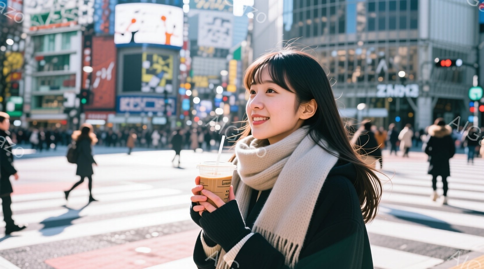 この女性は、ストライプの入ったセーターと黒いコートを着て、首に白いマフラーを巻いています。彼女は少し微笑んでおり、片手にアイスコーヒーのような飲み物を持ち、視線は少し上の方に向けられています。背景には - AI生成フリー素材