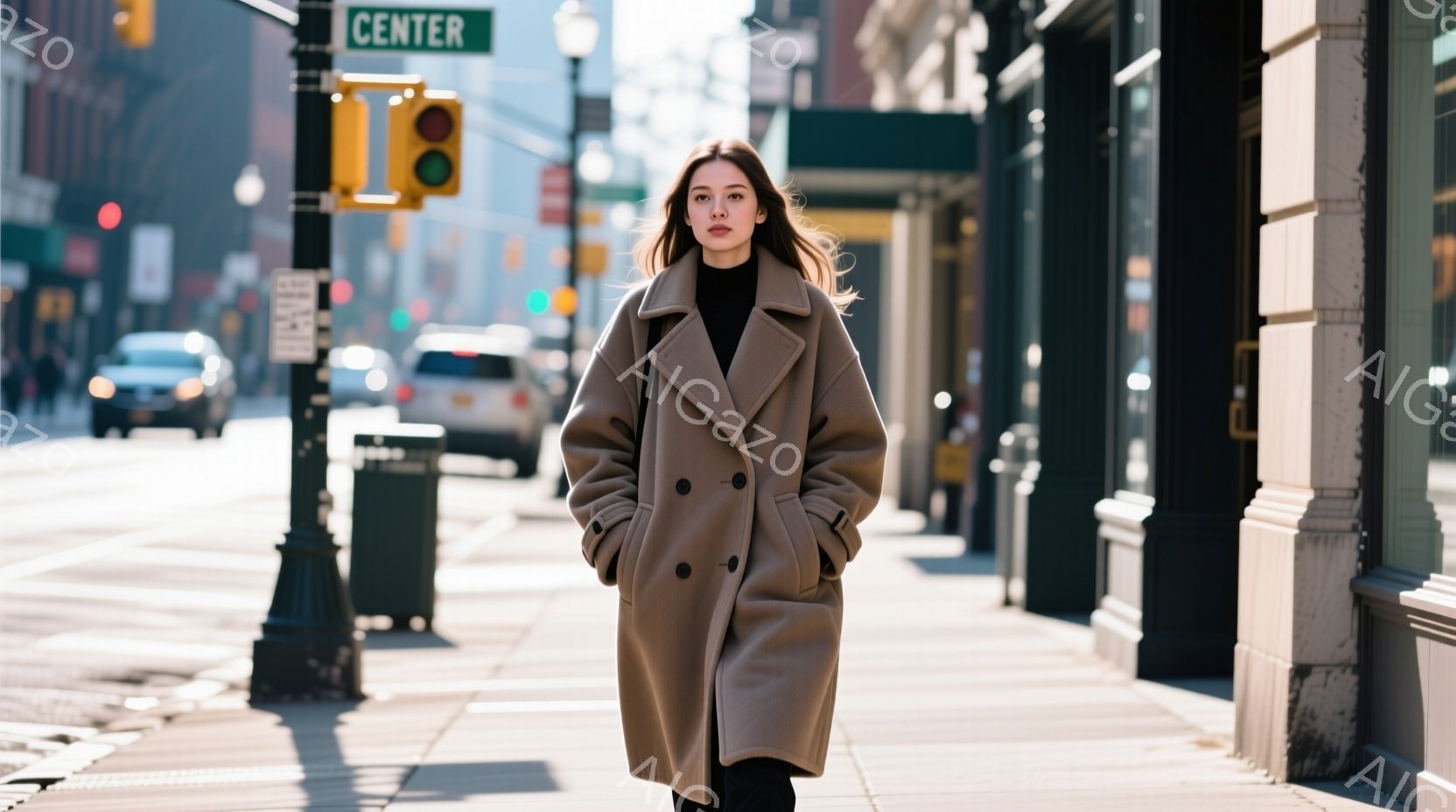 女性はベージュ色のオーバーサイズのコートと黒いズボンを着用し、街路を歩いています。彼女は長いダークブラウンの髪を耳にかけるようにしており、表情は穏やかで少し真剣です。背景にはレンガ造りの建物が並び、信 - AI生成フリー素材