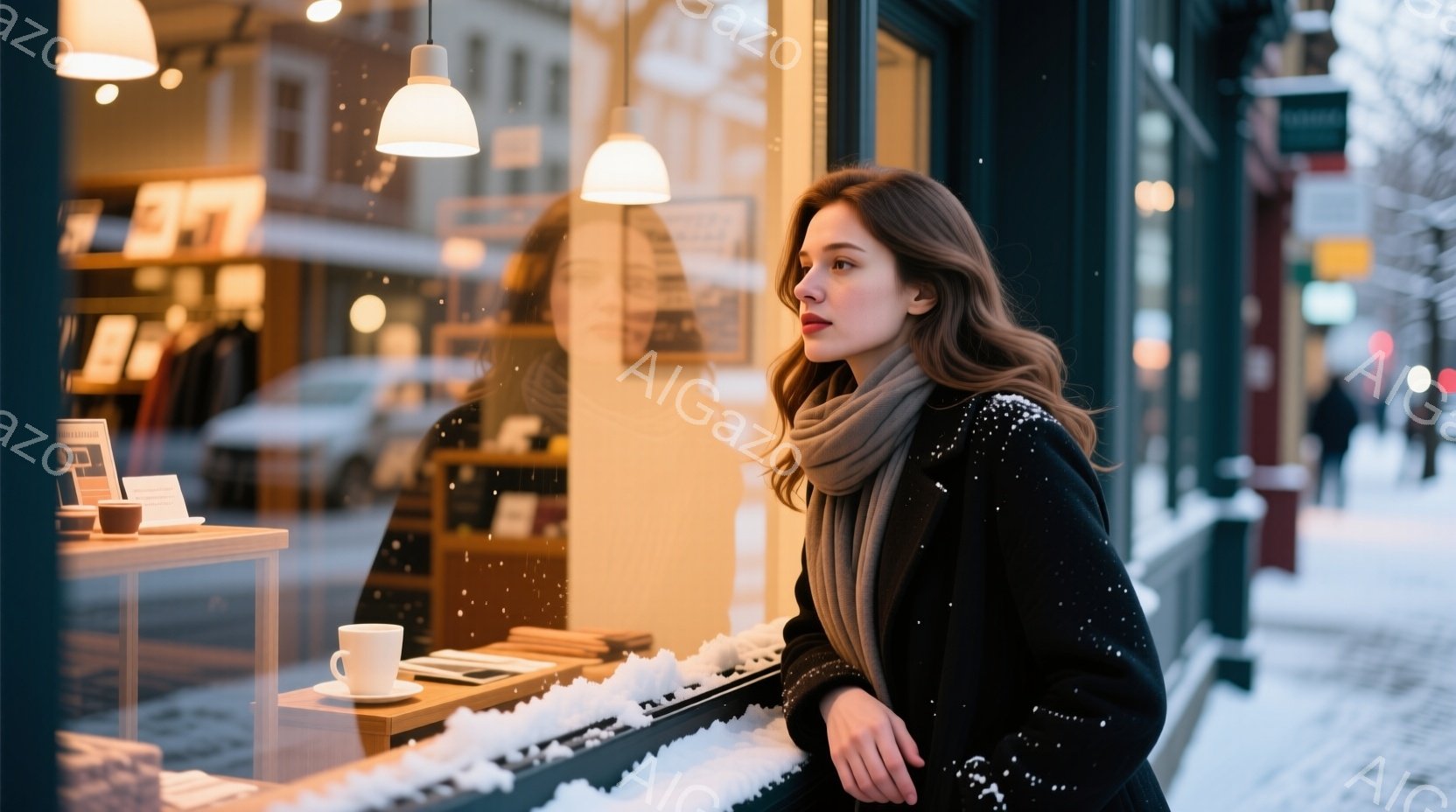 長い茶髪を無造作に垂らし、黒いコートとマフラーを身につけた女性が、雪で覆われたショーウィンドウの前で外を眺めている。彼女はやや憂いを帯びた表情で、物思いにふけっているように見える。背景には、ぼやけた街並みと白く降り積もる雪が広がり、冬の静けさの中の穏やかな情景が描かれている。