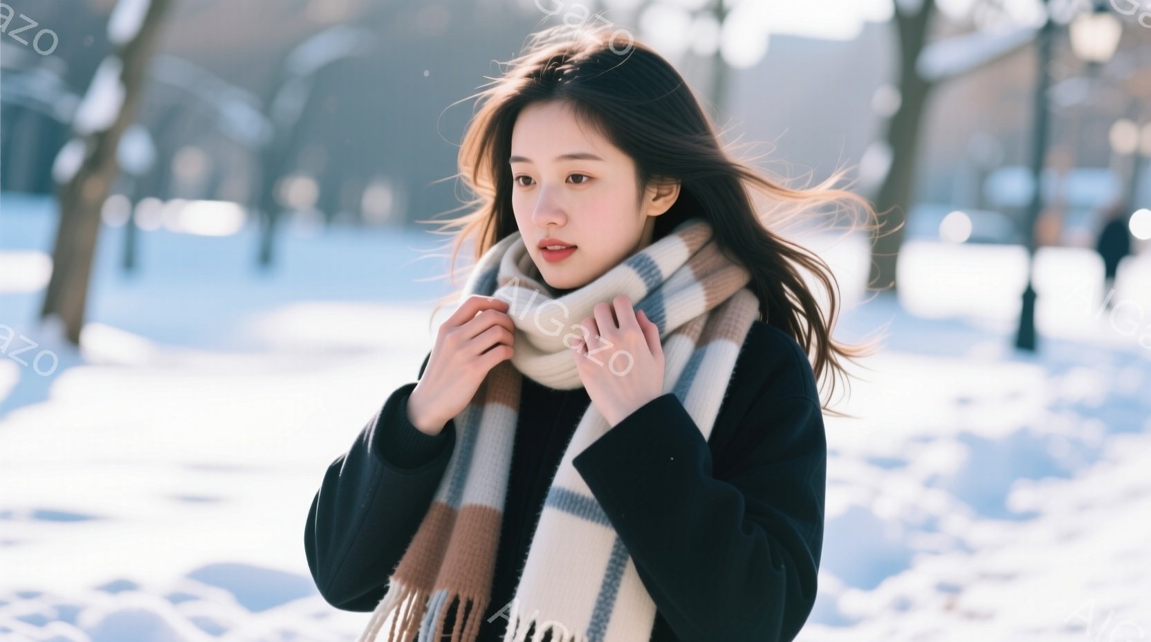 長い黒髪の女性が、チェック柄のマフラーを首に巻き、黒いコートを着ています。彼女は少し微笑んでおり、両手でマフラーを優しく握っています。背景は雪景色で、建物や木々が見え、冬の穏やかな雰囲気を醸し出してい - AI生成フリー素材