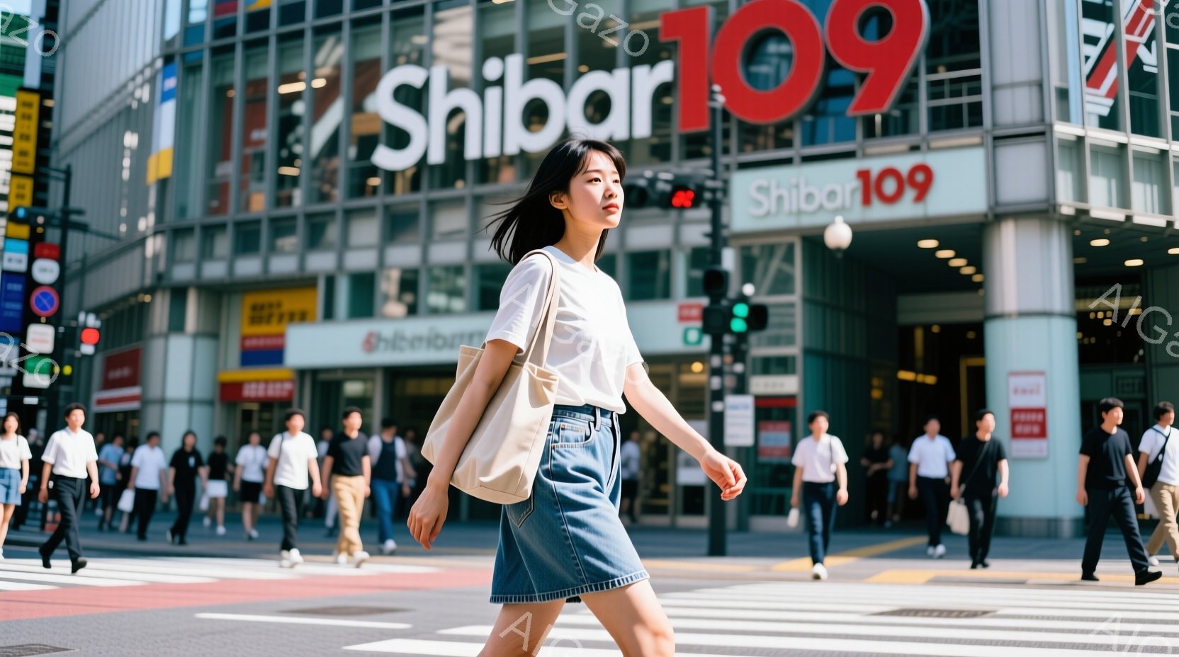 白いTシャツにデニムのスカートを身につけた若い女性が、渋谷のスクランブル交差点で歩いている様子が写っている。彼女は髪を後ろで一つにまとめ、やや横を向いて表情は穏やかである。背景には、多くの人々や高層ビ - AI生成フリー素材