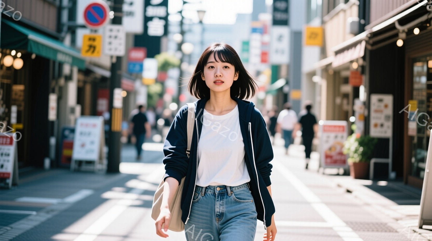 若い女性が街路をまっすぐ歩いている。白いTシャツにデニムジャケット、そしてジーンズ姿で、肩にベージュ色のバッグをかけている。背景には商店や歩行者が見え、晴れた日の賑やかな街並みが広がっている。 - AI生成フリー素材