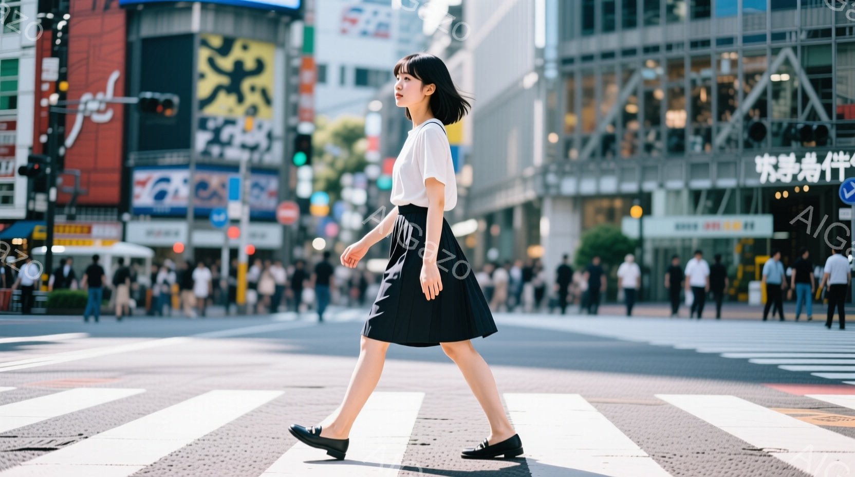 黒いスカートと白いブラウスを着た若い女性が、賑やかな渋谷のスクランブル交差道路を横断している。彼女は短い黒髪で、やや前かがみの姿勢で歩いており、周囲の喧騒から少し離れた表情をしている。背景には高層ビル - AI生成フリー素材