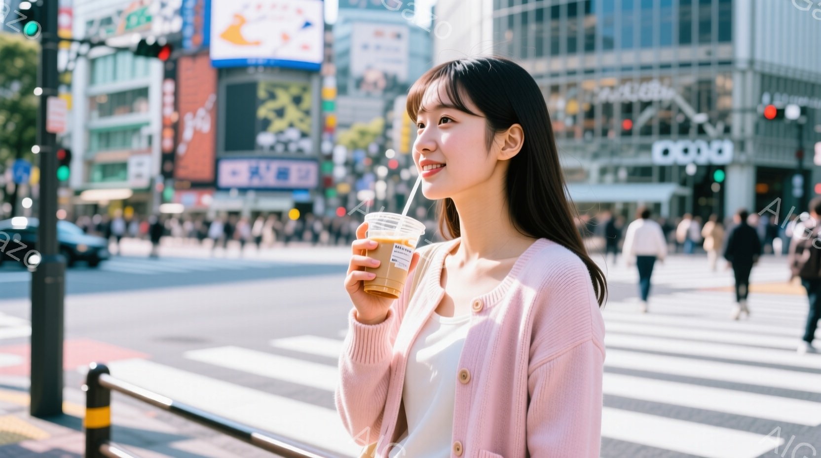 若い女性が、ピンク色のカーディガンと白いトップスを着て、横を向いて微笑んでいる。彼女はストロー付きの飲み物を手に持ち、視線は右上に向けられている。背景には、多くの人が行き交う賑やかな街並みと高層ビル群 - AI生成フリー素材