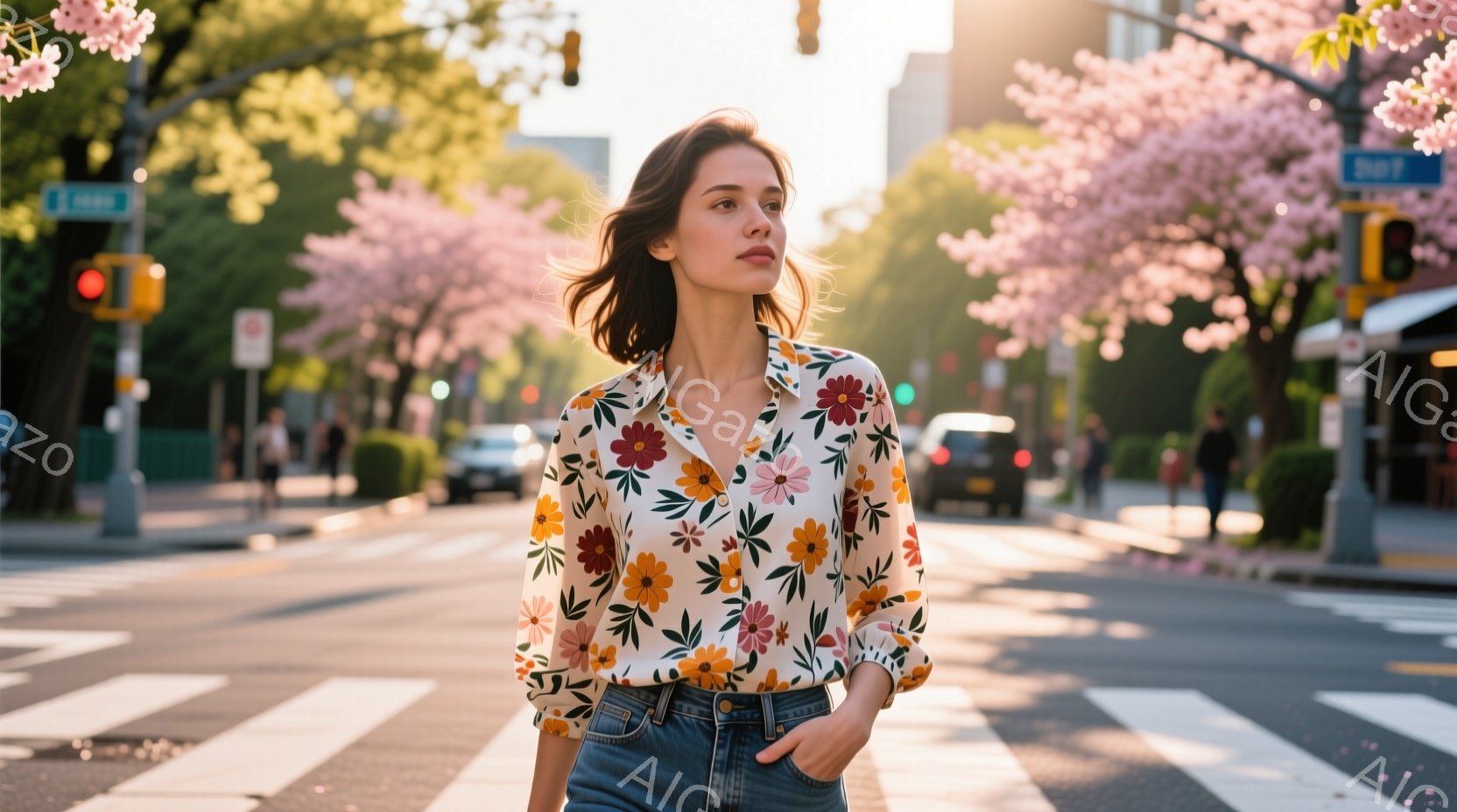 街路を横断している女性が写っており、クリーム色の花柄ブラウスとデニムのジーンズを着用しています。彼女は少し横を向いており、片手をポケットに入れています。背景には、桜並木が咲き誇り、晴天の下、穏やかな春 - AI生成フリー素材