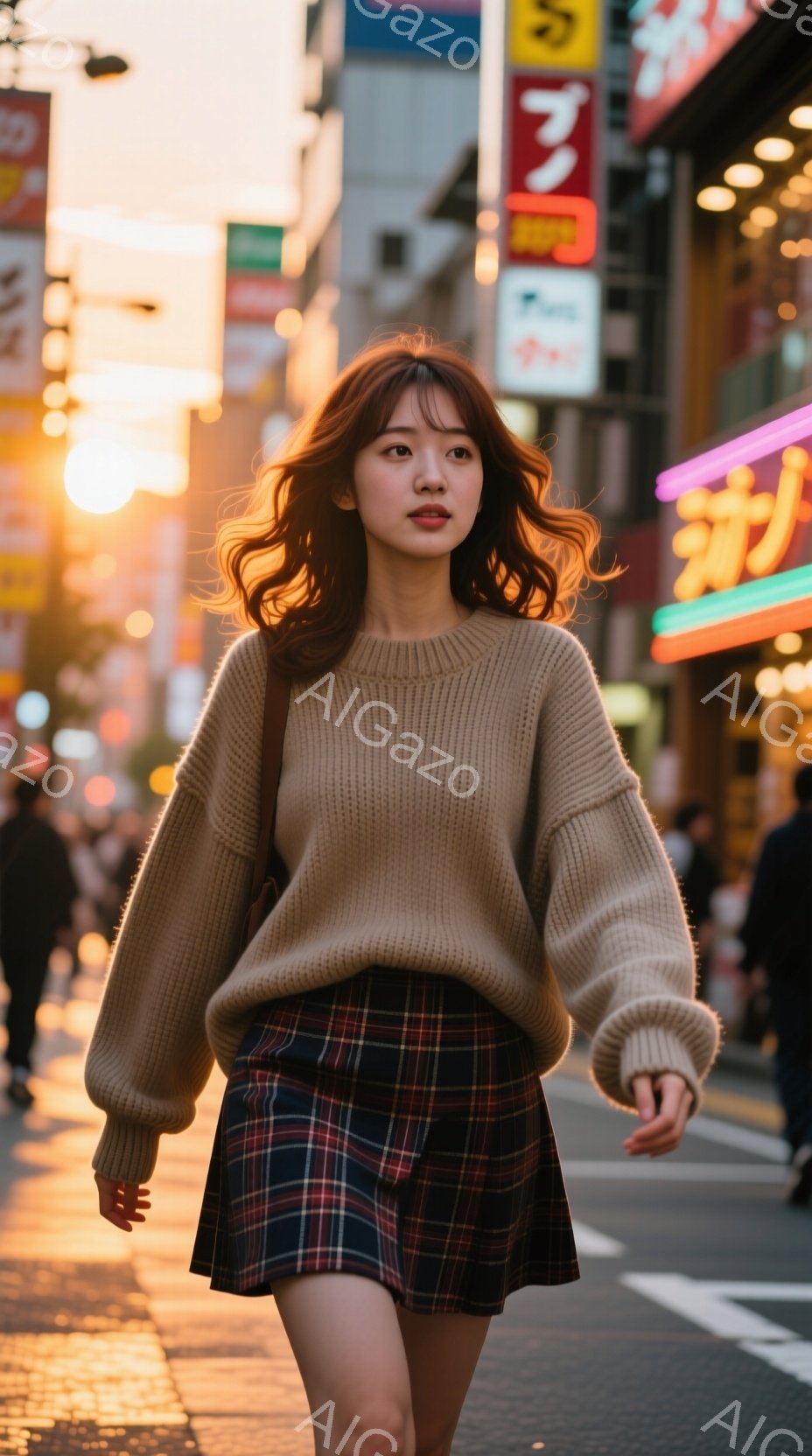 明るい茶色のセーターとチェック柄のミニスカートを身に着けた若い女性が、人通りの多い街路を歩いている。彼女は肩までの長さのゆるいウェーブヘアで、わずかに微笑んでいるように見える。背景には賑やかなネオンサ - AI生成フリー素材