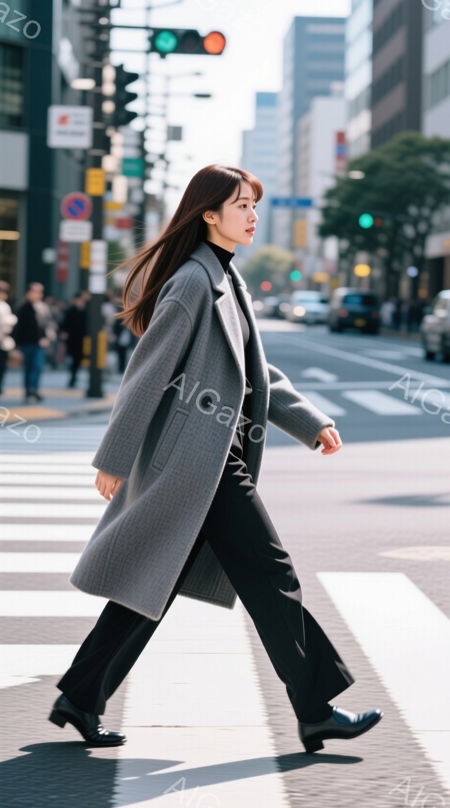 長いストレートヘアの女性が、グレーのオーバーコートと黒いパンツ姿で横断歩道を歩いている。彼女は少し前かがみになり、落ち着いた表情で前を見つめている。背景には高層ビルや木々が見え、晴れた日の都会の風景が - AI生成フリー素材