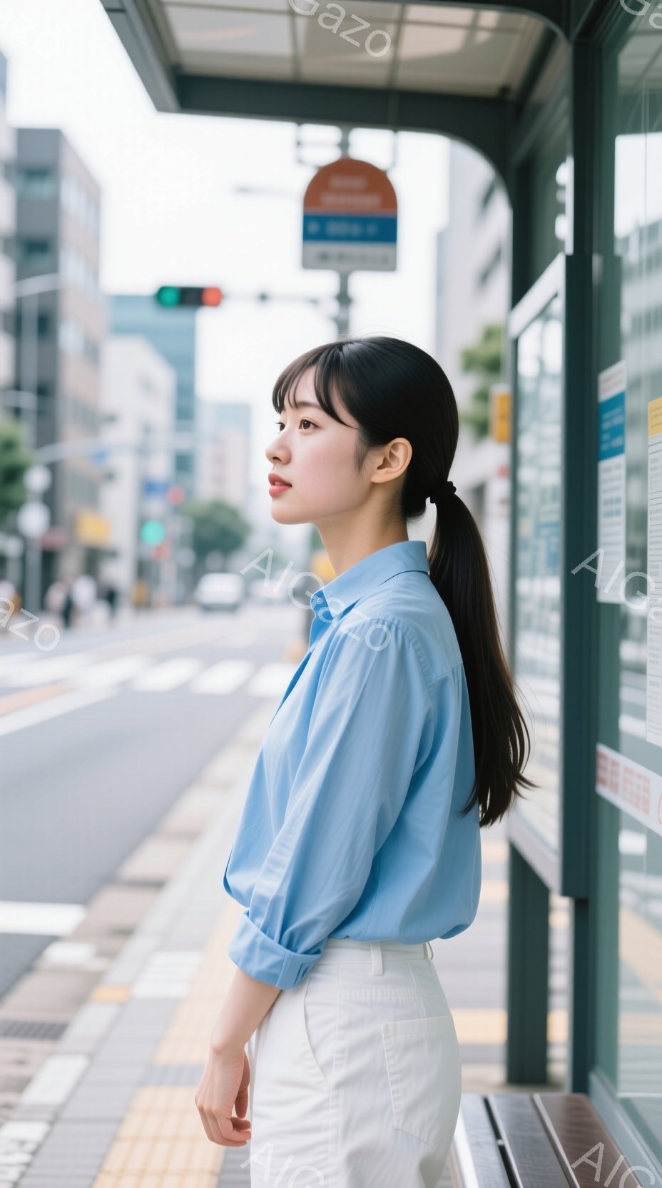 青いシャツと白のパンツを身につけた若い女性がバス停で立っている。彼女は黒髪をポニーテールにし、横を向いて少し憂いのある表情をしている。背景には建物や道路が見え、晴天の下、都会的な風景が広がっている。