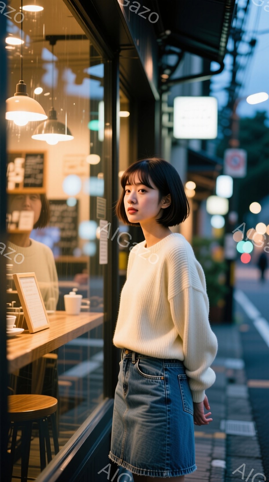 若い女性がカフェの窓辺に立っており、クリーム色のざっくりとしたセーターと水色のデニムスカートを着用しています。彼女は前髪を下ろしたショートヘアで、少し憂いのある表情をしています。背景にはカフェの店内と夜の街並みがぼやけて見え、雨が降っているような光景で、少し寂しげな雰囲気が漂っています。