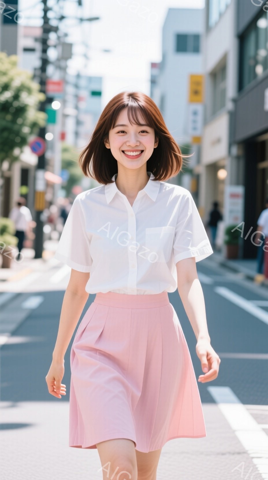 若い女性が歩道でカメラに向かって歩いてくる姿が写っている。白いシャツとピンク色のプリーツスカートを身に着け、明るい笑顔を見せている。背景には建物や道路が見え、晴れた日の屋外で撮影された様子が伺える。 - AI生成フリー素材