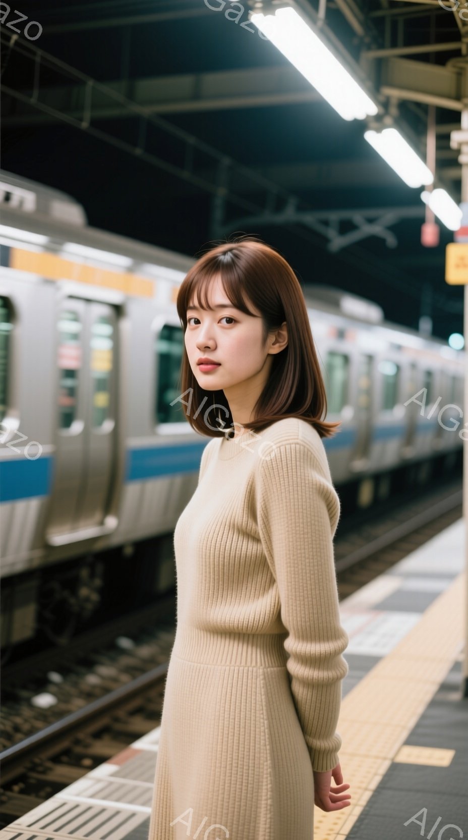 明るい茶色のリブニットのワンピースを着た若い女性が、鉄道の駅のプラットフォームに立っている。彼女は軽く前を向いており、少し微笑んだ表情をしている。背景には青い列車とプラットフォームの黄色い安全ラインが見え、駅の照明が彼女を照らしている。