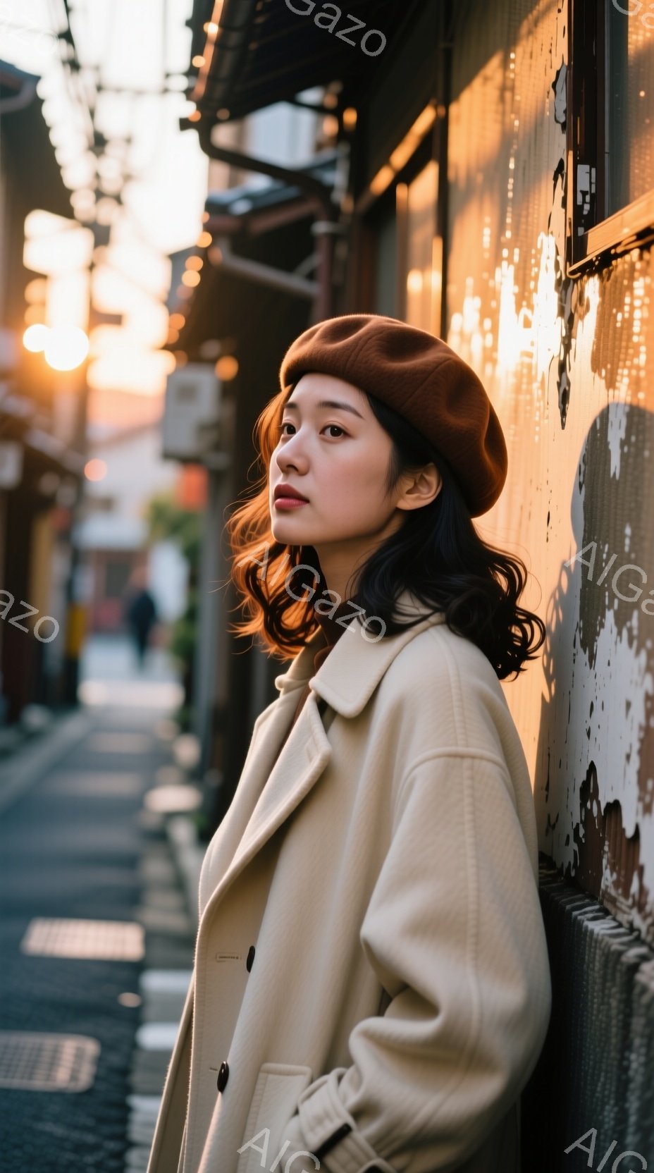 茶色のベレー帽を被った女性が、クリーム色のコートを着て、剥がれかけた壁に寄りかかっています。彼女は少し上目遣いで、穏やかな表情を浮かべており、髪は肩までの長さのウェーブがかかっています。背景は路地裏で、夕暮れ時の柔らかい光が差し込み、全体的にノスタルジックで落ち着いた雰囲気を醸し出しています。