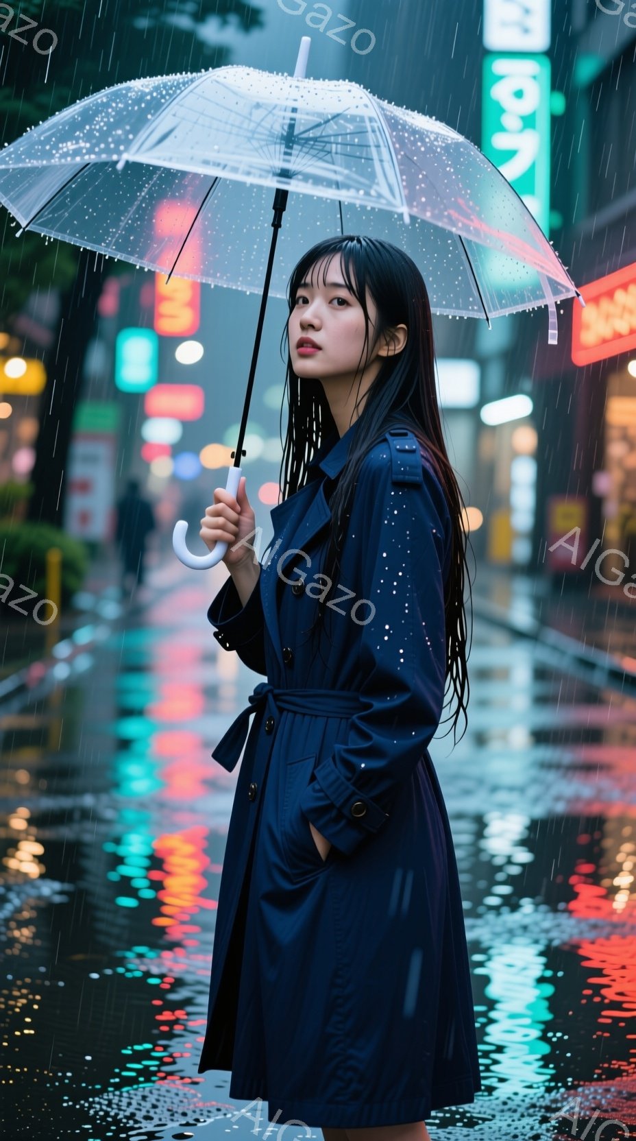 雨の夜、濃い青色のトレンチコートを着た若い女性が立っている。彼女は濡れた長い髪を持ち、少し憂いを帯びた表情で、透明な傘を手にしている。背景には、ネオンサインが光る夜の街並みが広がり、濡れたアスファルトに光が反射している。