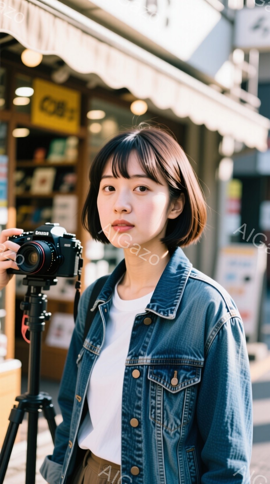 若い女性が、屋外でカメラの三脚の前に立っている。彼女は白いTシャツにデニムジャケット、そしてカーキ色のパンツを着用し、前髪のあるショートヘアで、少し微笑んでいる表情をしている。背景には店が並び、日中の賑やかな街並みがうかがえる。