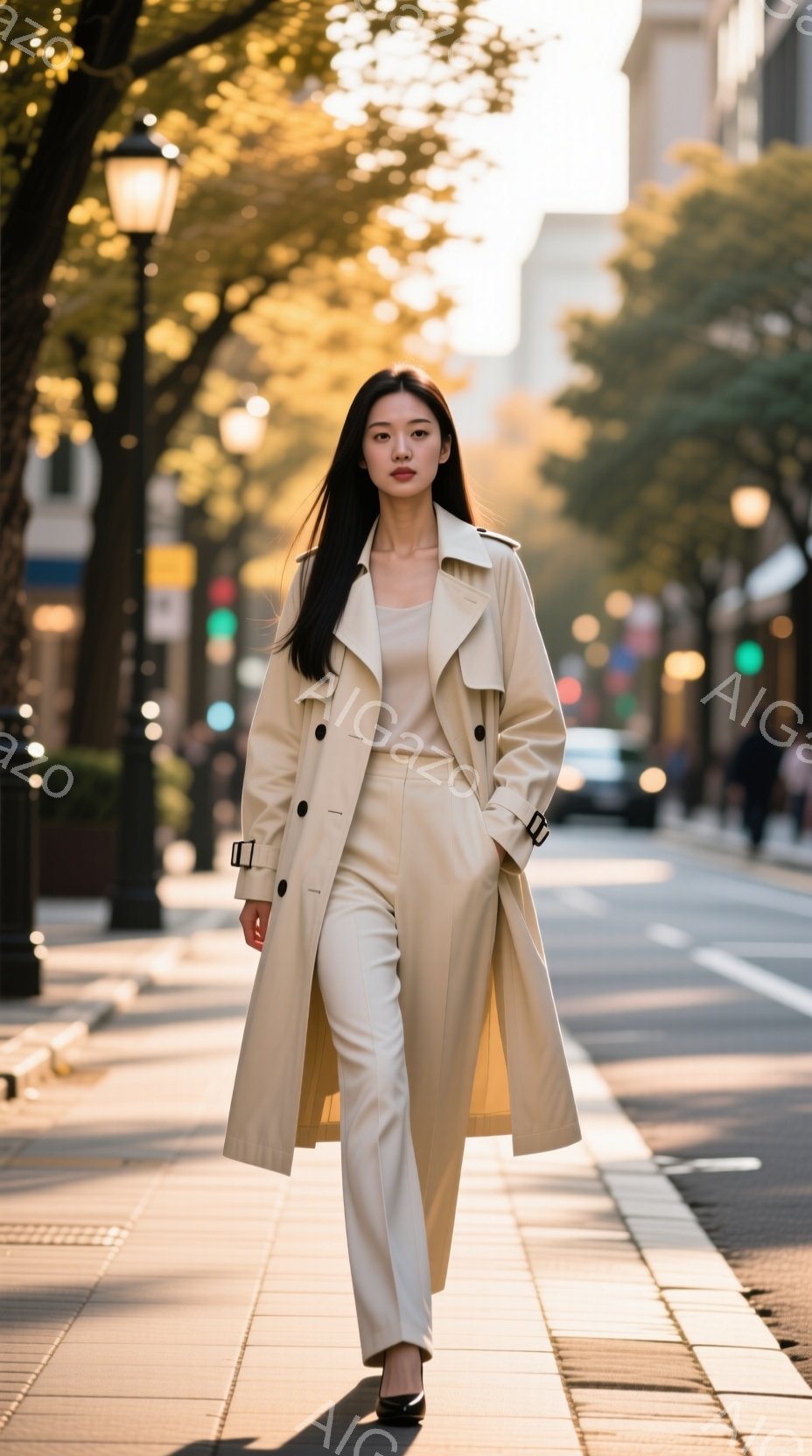 長いベージュ色のトレンチコートを着た女性が、歩道を歩いている。彼女は黒髪を長く伸ばし、少し微笑んでいるように見える。背景には建物や木々が見え、晴れた日の穏やかな街並みが広がっている。 - AI生成フリー素材