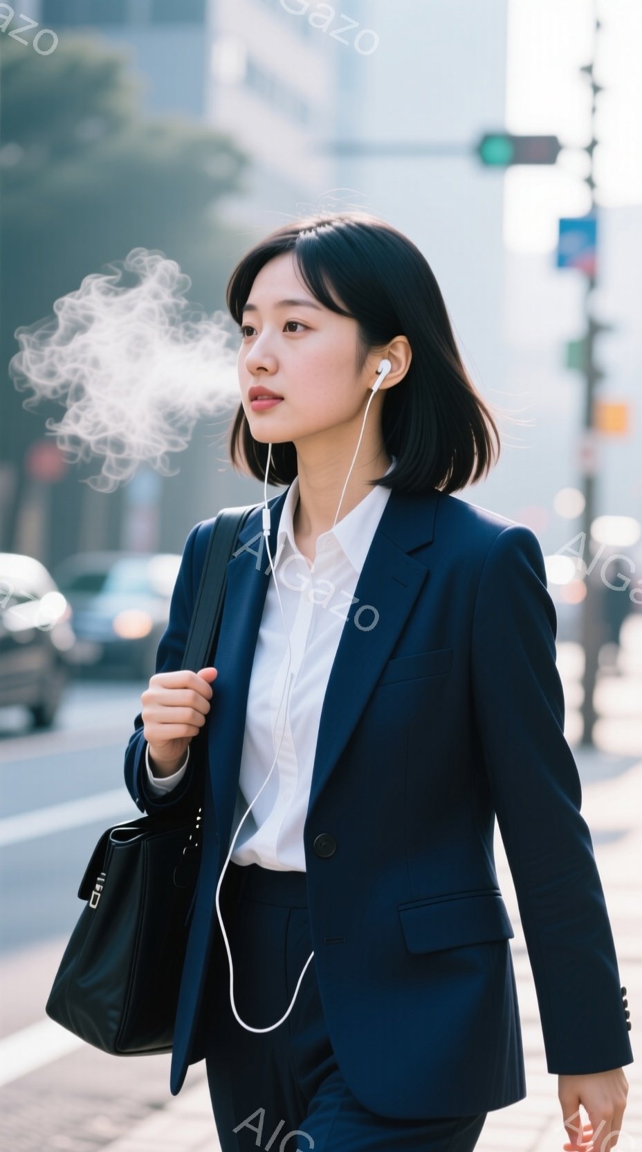 紺色のスーツに白いシャツを着た若い女性が、白いイヤホンを装着して横を向いています。彼女の口からは煙が立ち上っており、少し憂いを帯びた表情をしています。背景には高層ビルが立ち並び、都会的な風景が広がっています。