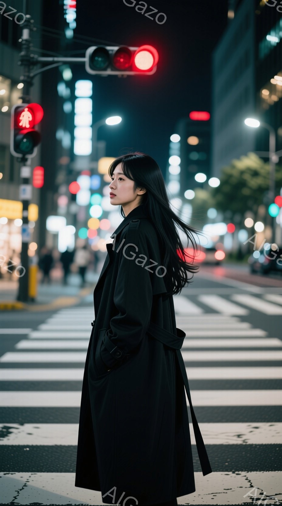 長い黒髪をなびかせ、黒のトレンチコートを羽織った女性が、横断歩道でカメラの方を振り返っています。彼女は少し憂いを帯びた表情で、都会の夜景を背景に、静かで洗練された雰囲気を醸し出しています。背景には高層ビル群や車のライトがぼやけ、雨上がりの濡れた路面が光を反射しています。