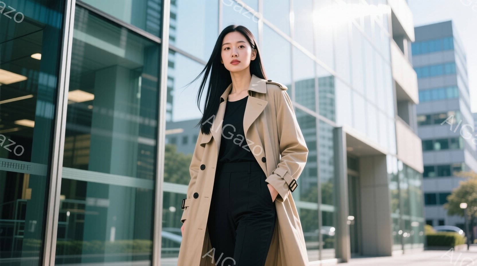 長いベージュ色のトレンチコートを羽織った女性が写っています。彼女は黒いパンツスーツを着用し、ストレートの黒髪は肩にかかっています。背景には近代的なガラス張りの建物が並び、晴天で日差しの強い都会の風景が広がっています。