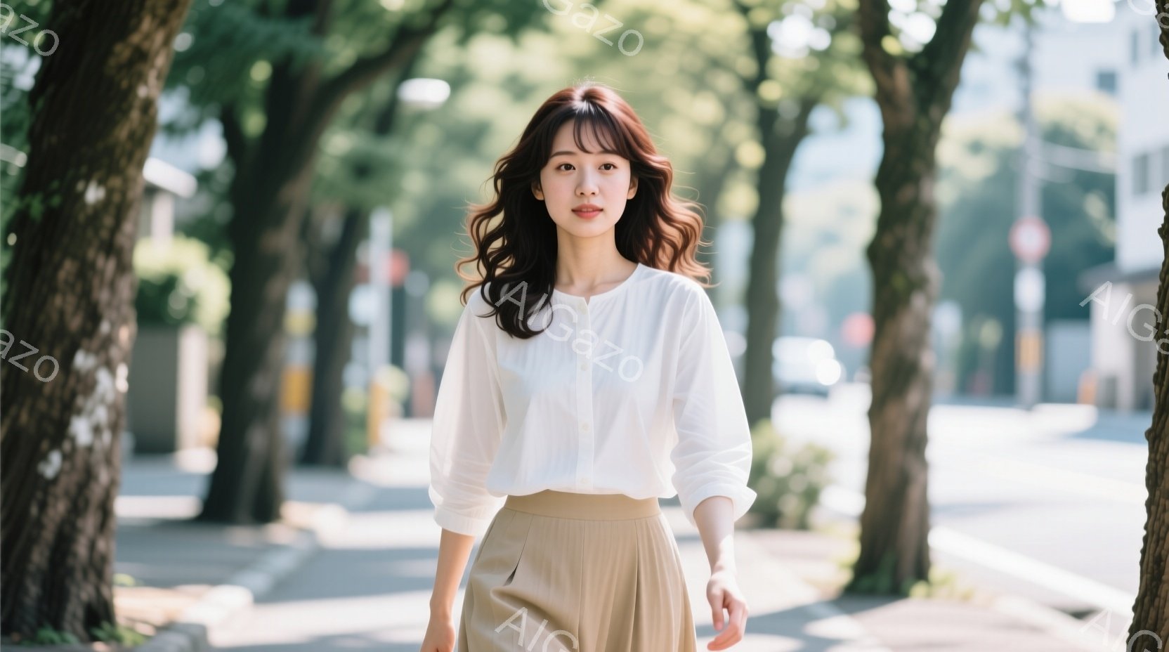白いブラウスとベージュのスカートを身につけた女性が、歩道を歩いている。彼女は少し微笑んでおり、髪は軽くウェーブがかかったロングヘアで、自然な雰囲気を醸し出している。背景には緑豊かな木々が立ち並び、晴れ - AI生成フリー素材