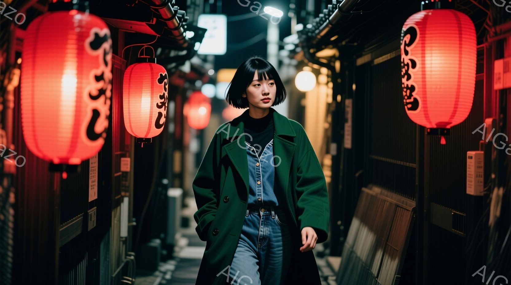 この女性は、深い緑色のオーバーコートと、デニムのシャツ、そして水色のジーンズを身につけて、狭い路地を歩いています。短く黒いヘアスタイルで、表情は少しクールで、どこかを見つめているようです。背景には赤い提灯が並び、路地は暗く、どこか懐かしい雰囲気が漂っています。