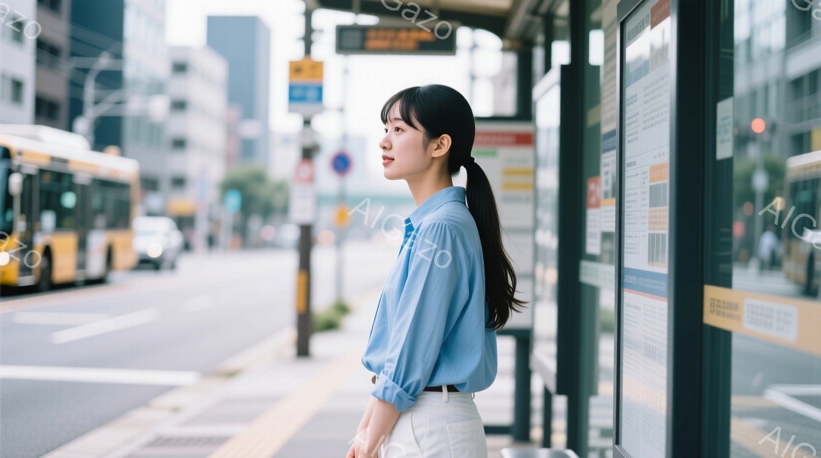 若い女性が、水色のシャツとベージュ色のパンツを着用し、横を向いて立っています。彼女は黒髪をポニーテールにし、少し微笑んだ表情で、どこかを見つめています。背景には、バス停、バス、そして高層ビルが見え、晴 - AI生成フリー素材