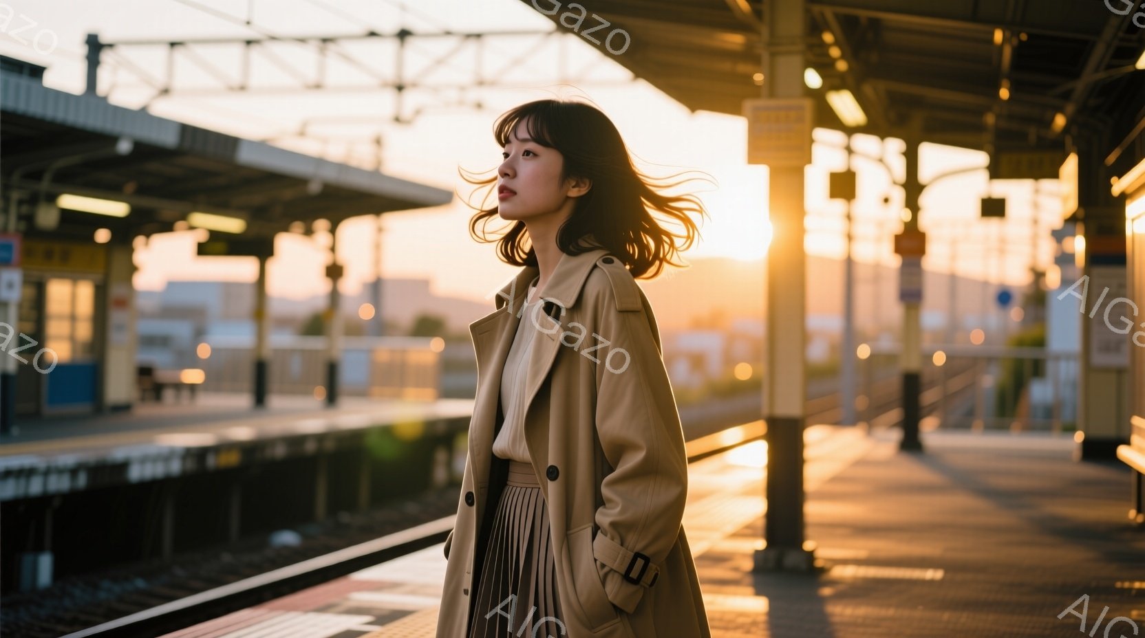 トレンチコートを着た若い女性が、鉄道のホームで遠くを見つめている。彼女は肩までの長さのダークブラウンの髪を持ち、風になびいている。背景には鉄道の線路と駅の構造物、そして夕焼け空が広がり、ノスタルジックで少し寂しげな雰囲気を醸し出している。