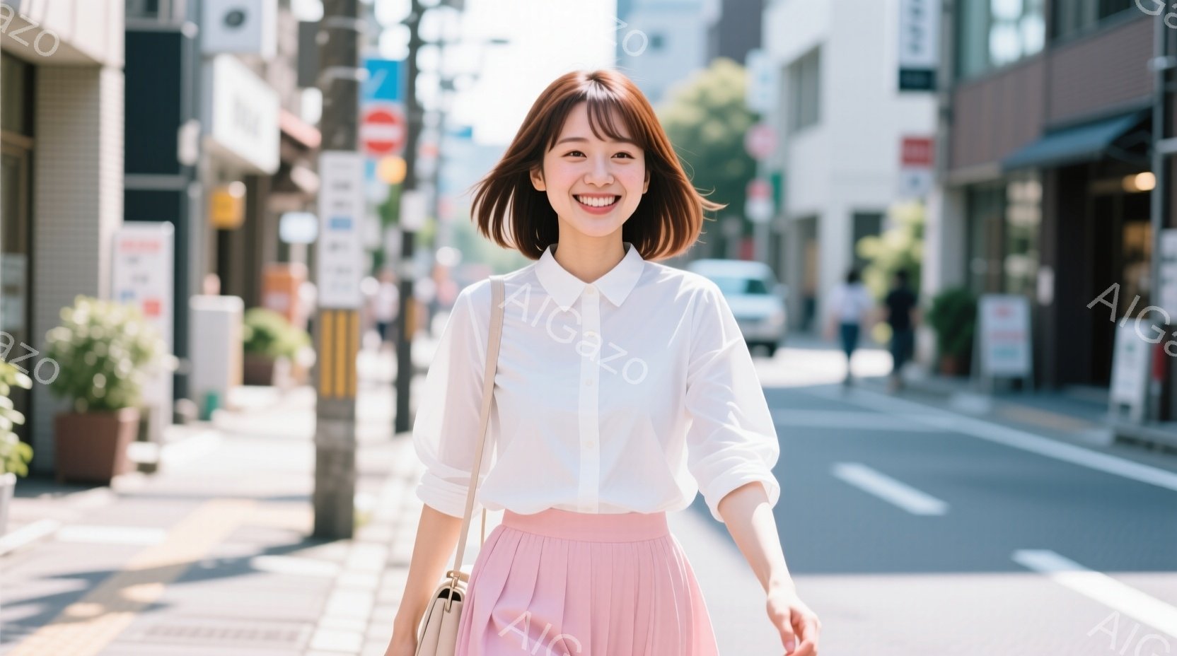 若い女性が街路を歩いており、白いシャツと薄いピンク色のワイドパンツを着用しています。彼女は肩にベージュ色のバッグをかけ、明るい笑顔でカメラを見つめています。背景には建物や街路樹が見え、晴れた日の穏やかな雰囲気が漂っています。