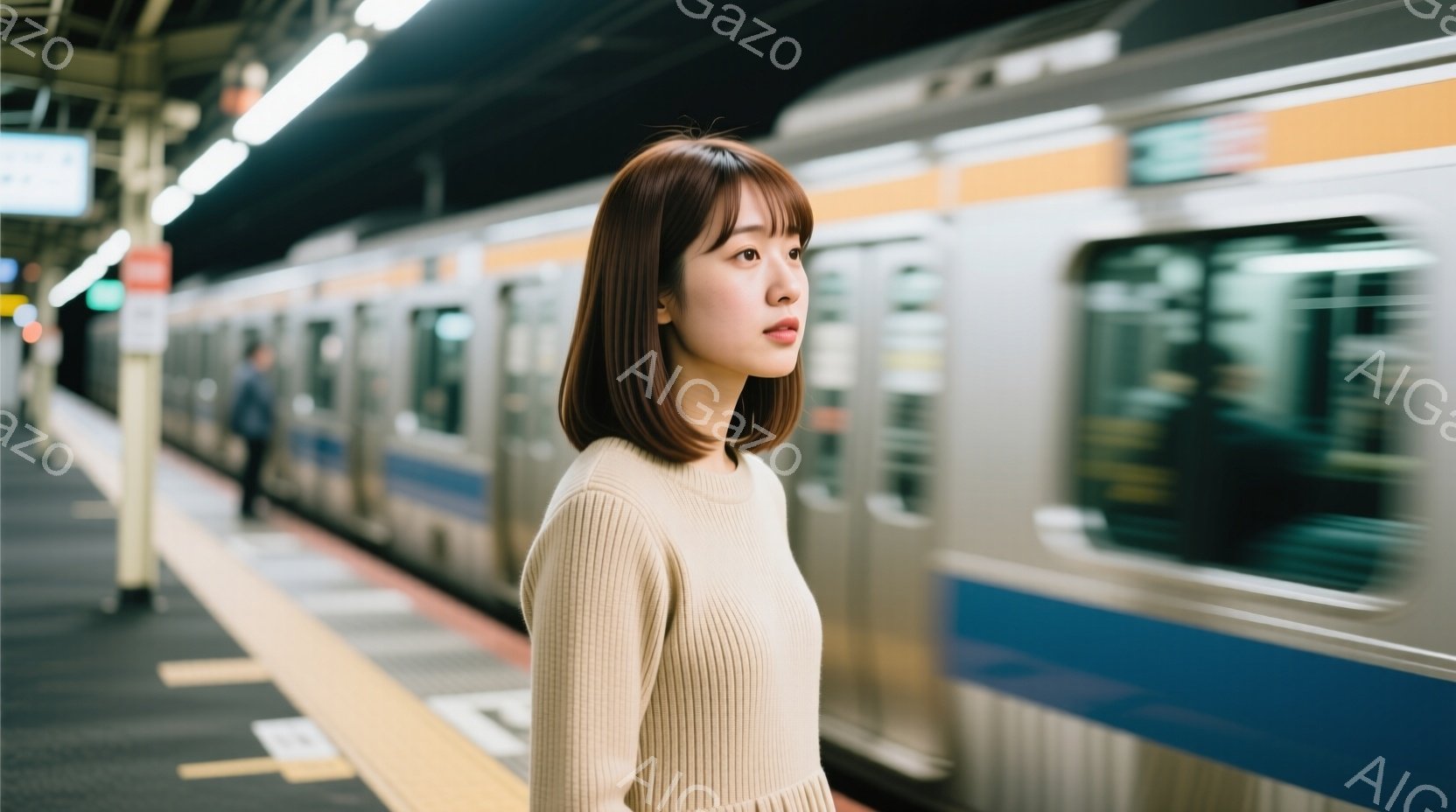 茶髪のショートヘアの女性がベージュ色のセーターを着て、線路沿いのプラットフォームに立っている。彼女は少し横を向き、遠くを見つめるような表情をしており、物憂げな雰囲気を醸し出している。背景には、ぼやけた電車の車両と、黄色い安全線が敷かれたプラットフォームが写っており、駅の日常的な風景が捉えられている。