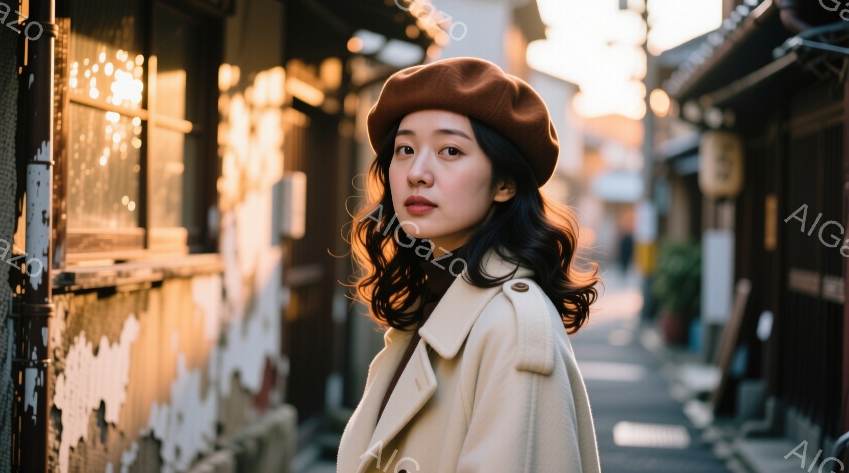 茶色いベレー帽とクリーム色のコートを身に着けた女性が、少し横を向いてこちらを見ている。彼女はダークカラーのウェーブヘアで、表情は穏やかで少し憂いを帯びている。背景は古い木造建築が並ぶ路地で、夕暮れ時の - AI生成フリー素材