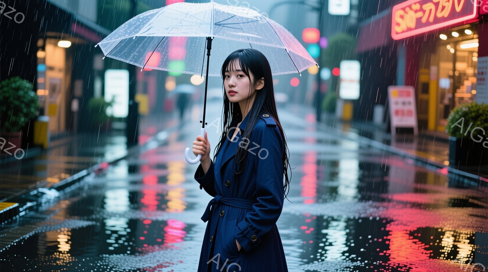 長い黒髪をセンターパートにした若い女性が、紺色のトレンチコートを羽織り、透明な傘を持っています。彼女はわずかに横を向き、憂いを帯びた表情で何かを考えているようです。背景は雨に濡れた都市の夜景で、ネオンサインが水面に反射し、幻想的な雰囲気を醸し出しています。