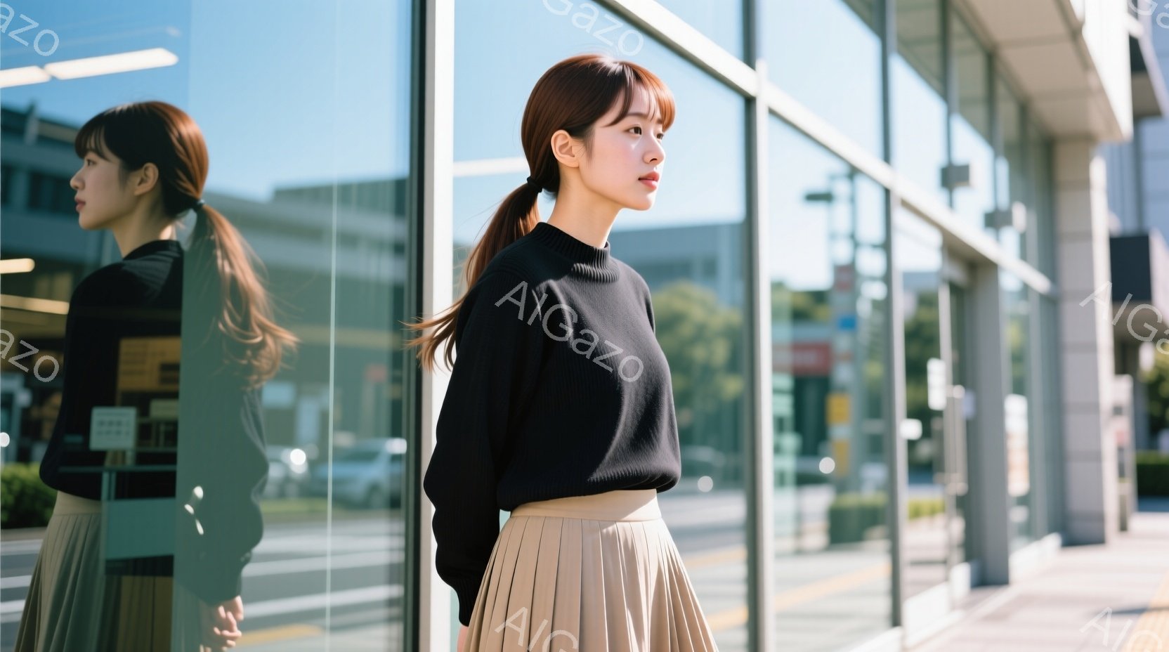 画像は、茶色の長い髪をポニーテールにした若い女性が、黒いセーターとベージュのプリーツスカートを身に着けている様子を捉えています。彼女は横を向き、少し下を向いており、落ち着いた表情を浮かべています。背景 - AI生成フリー素材
