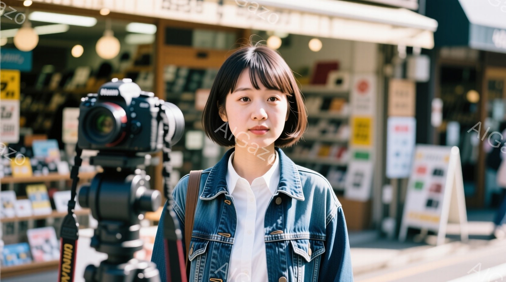 若い女性がカメラを持って立っており、白いシャツにデニムジャケットを着ています。彼女は短い前髪とダークブラウンの髪をしており、表情は穏やかで少し微笑んでいます。背景には店が並び、活気のある街並みが広がっており、晴れた日の光が差し込んでいます。