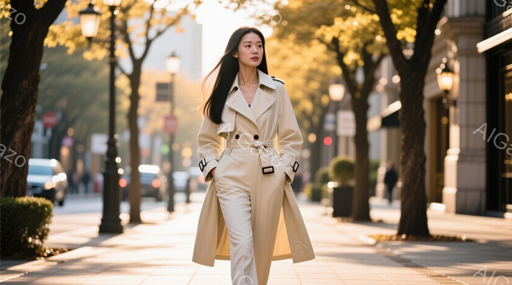 長いストレートヘアの女性が、ベージュのトレンチコートとパンツスーツを着て歩いている。彼女は自信に満ちた表情で、まっすぐ前を見据えている。背景には街路樹が並び、秋らしい光が差し込み、穏やかで洗練された雰囲気を醸し出している。