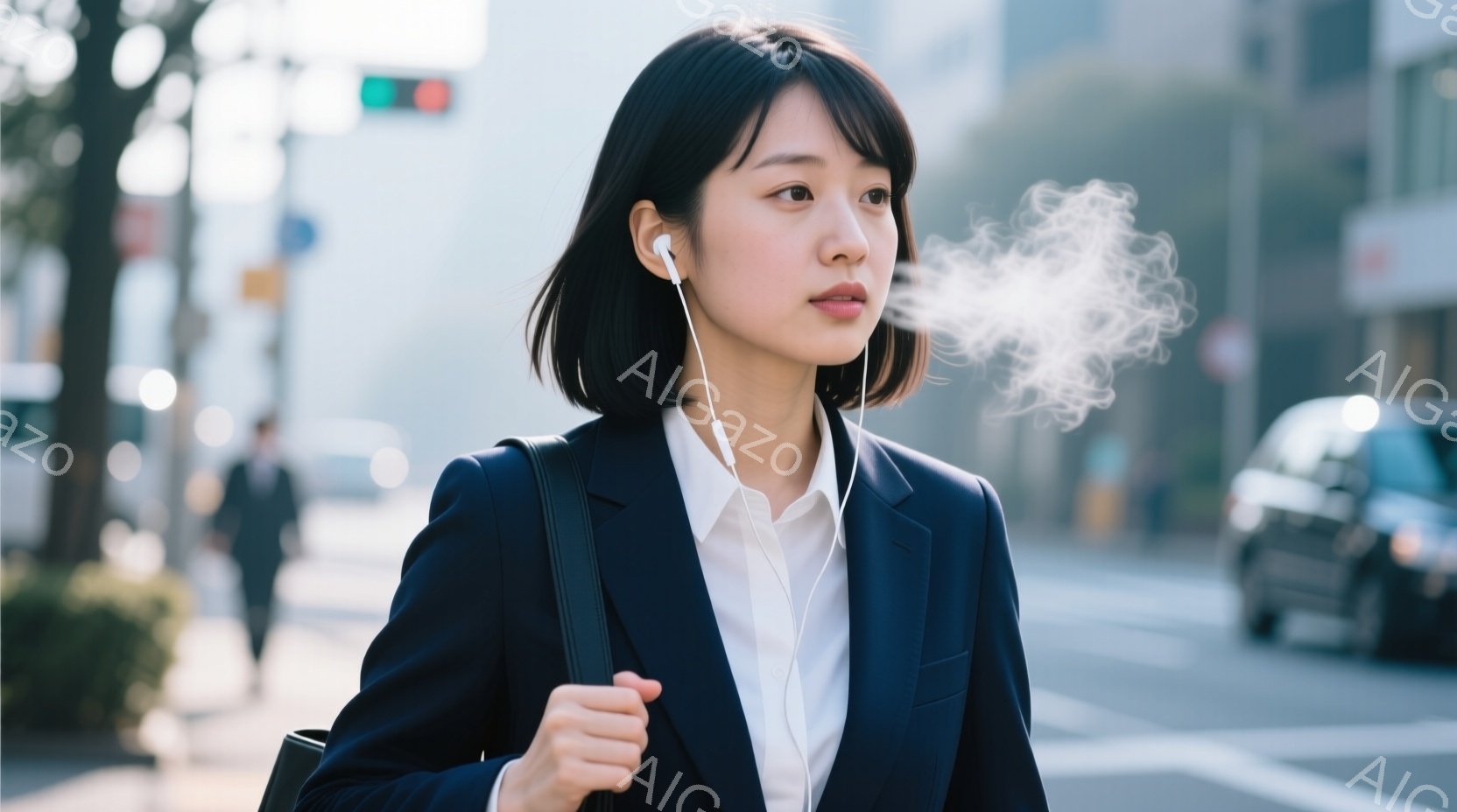 黒髪のショートカットの女性が、紺色のジャケットと白いシャツを着て、イヤホンを装着し、煙を吐き出しています。彼女は肩に黒いバッグをかけ、少し憂いを帯びた表情で、横を見つめています。背景には道路、建物、そして日差しが差し込む木々が見え、少し寂しげな都会の雰囲気が漂っています。