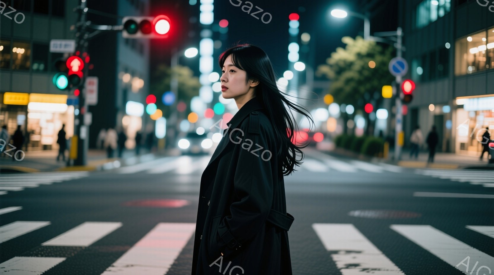 長い黒髪の女性が、夜の横断歩道の中央に立っている。黒いコートを着ており、横顔はどこか憂いを帯びている。背景には、車のライトが光り、ネオンサインが輝く都市の夜景が広がっている。 - AI生成フリー素材