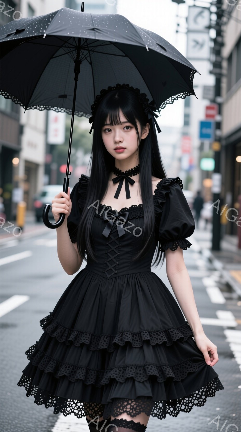 黒いフリルたっぷりのドレスを着た若い女性が、雨の中、傘をさして立っている。彼女は黒髪で、顔色は少し青みがかっており、どこか憂いを帯びた表情をしている。背景には、ぼやけた都市の風景と、雨に濡れた道路が広 - AI生成フリー素材