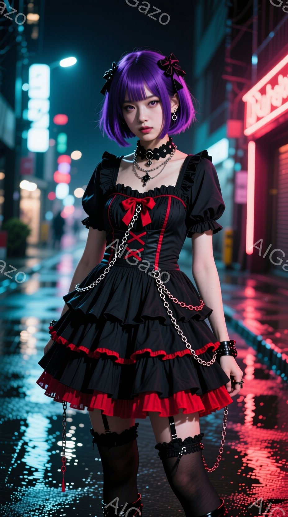 黒いフリルのミニドレスを着た若い女性が、夜の街の路上に立っている。紫色の髪に黒のニーハイソックス、そして首にはチェーンのチョーカーをつけている。背景にはネオンサインが光り、雨上がりの濡れた路面が反射し、少しダークでミステリアスな雰囲気を醸し出している。