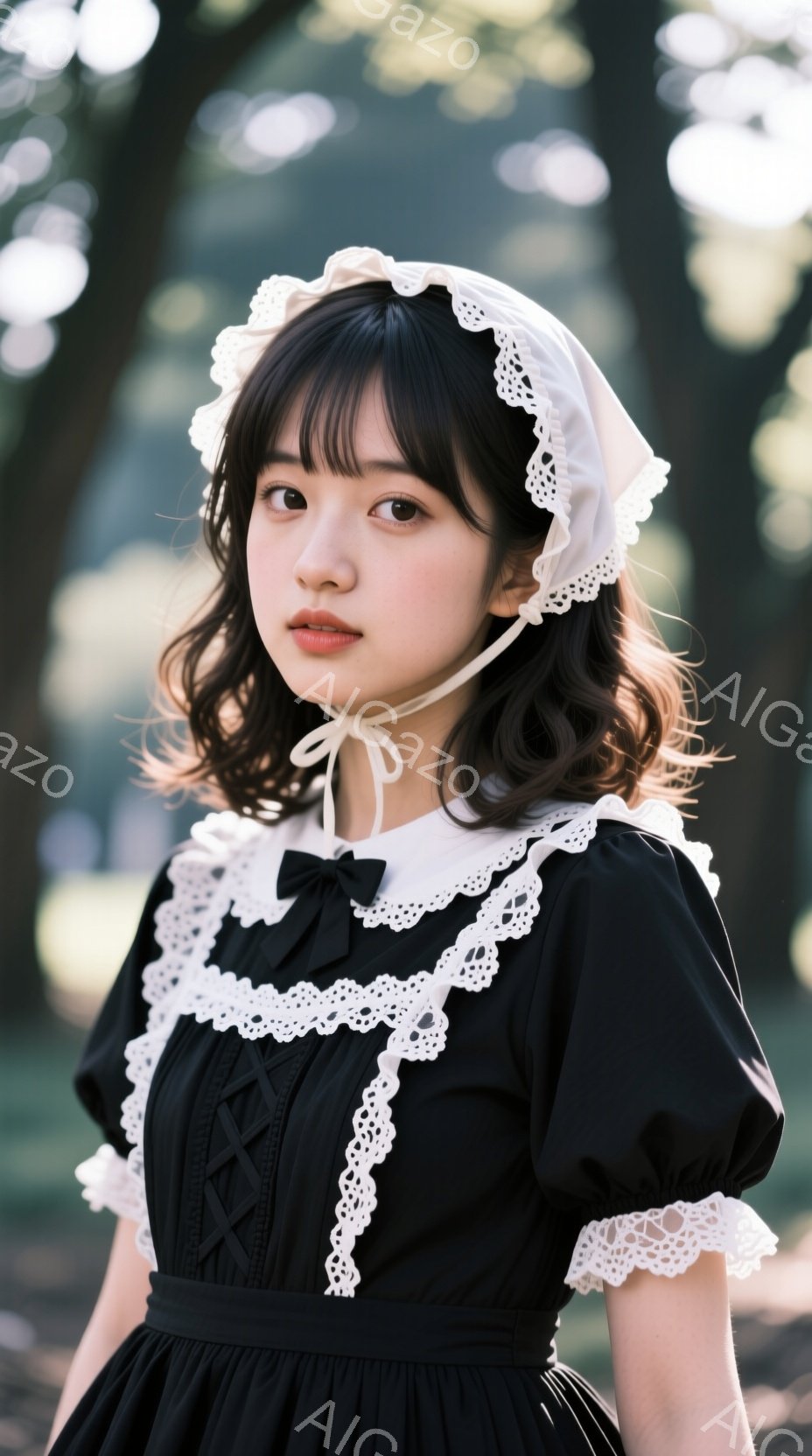 黒いワンピースに白いレースの襟とカフスが印象的な女性が写っています。彼女は肩までの中髪を軽くカールさせ、白いボンネットを被っています。背景は緑豊かな木々で、柔らかい光が差し込み、全体的に優しい雰囲気です。