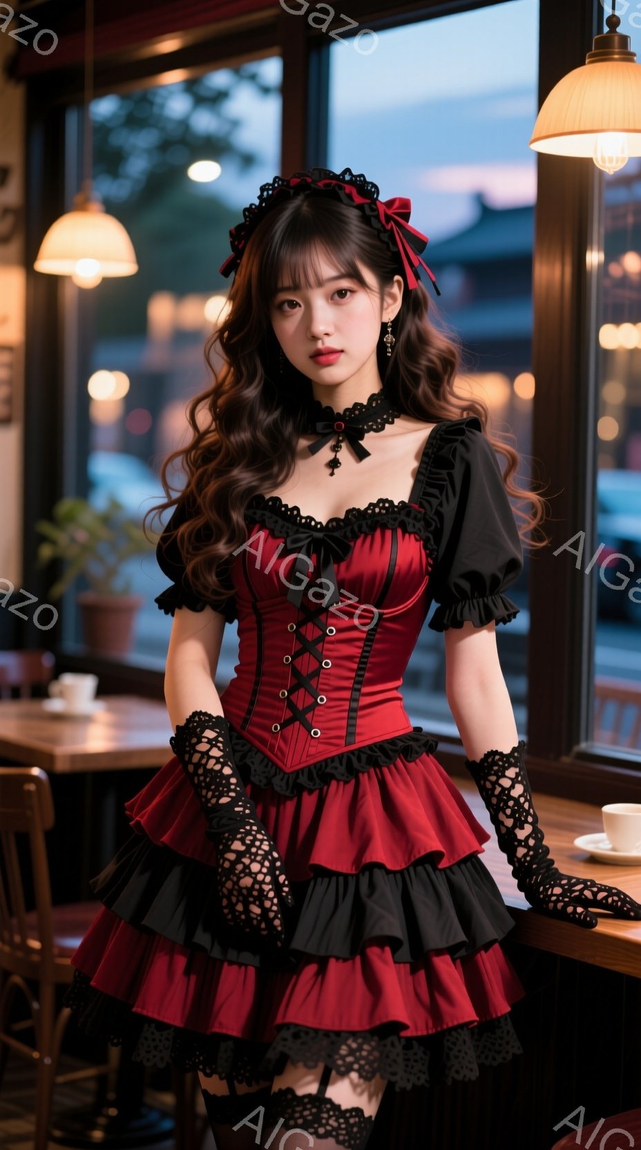 深紅色のコルセット風ドレスに黒いレースのグローブとソックスを合わせた女性が写っています。彼女は肩まで豊かなウェーブのかかった髪をしており、少し微笑んだ表情で正面を見つめています。背景には暖色の照明が灯ったカフェの内部と、窓の外の夕暮れ時の街並みが見え、全体的にロマンチックで優雅な雰囲気が漂っています。
