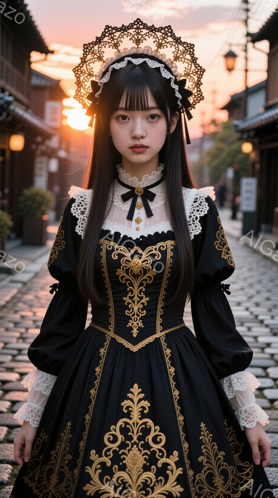 黒い豪華なドレスを着た女性が写っている。ドレスは金色の刺繍が施され、フリルとレースが特徴的で、ヴィクトリア朝風のスタイルだ。彼女はまっすぐ前を見据え、無表情で、背景には石畳の道と古い建物が並び、夕焼け空が暖かく光を投げかけている。