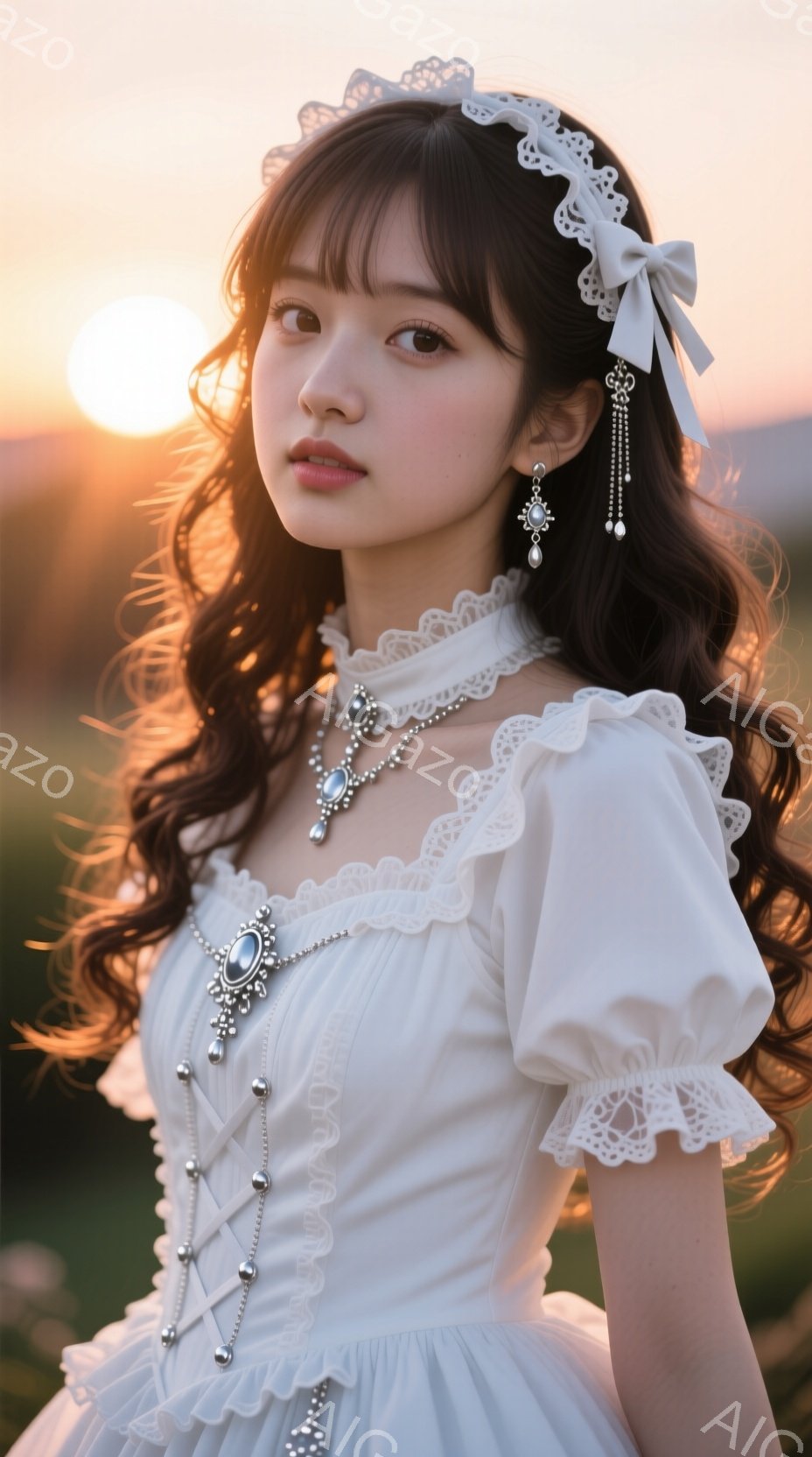 長い黒髪をカールさせ、白いレースのボンネットと髪飾りをつけた若い女性が写っている。彼女は白い、宝石が飾られたドレスを着ており、わずかに微笑み、穏やかな表情をしている。背景は夕焼けに照らされた草地で、全体的にロマンチックで夢幻的な雰囲気を醸し出している。