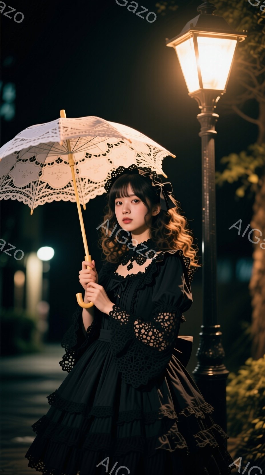 黒いロリータ風のドレスを着た若い女性が、装飾的なレースの傘を手に立っている。彼女はカールした髪をリボンで飾り、少し憂いを帯びた表情をしている。背景には、点灯したガス灯と緑豊かな植物が見え、夜の幻想的な - AI生成フリー素材
