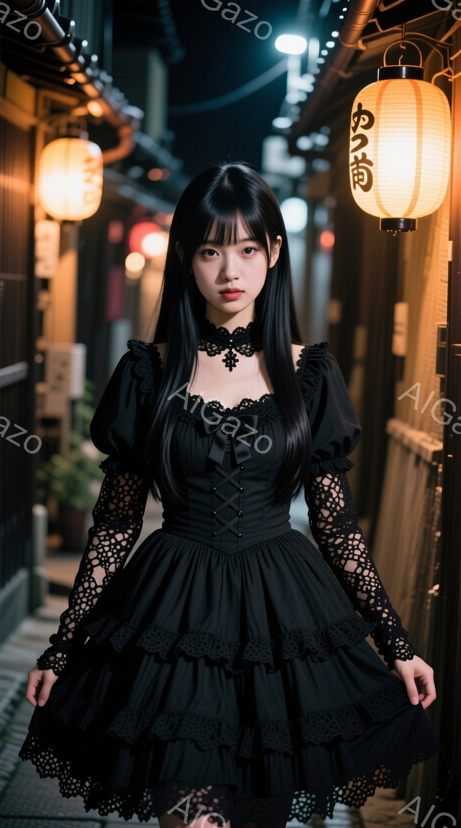黒いゴシック風のドレスを着た若い女性が写っている。彼女は長い黒髪で、前髪はぱっつんカット、表情は少し憂いを帯びている。背景には日本の古い街並みがぼんやりと見え、提灯の光が幻想的な雰囲気を醸し出している。