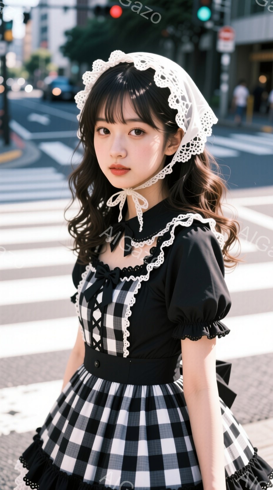 白と黒のチェック柄のワンピースを着た若い女性が写っています。フリルとレースがあしらわれた可愛らしいデザインで、頭には白いレースのボンネットを被っています。背景は交通量の多い道路と建物で、女性は横を向き、少し微笑んでいます。