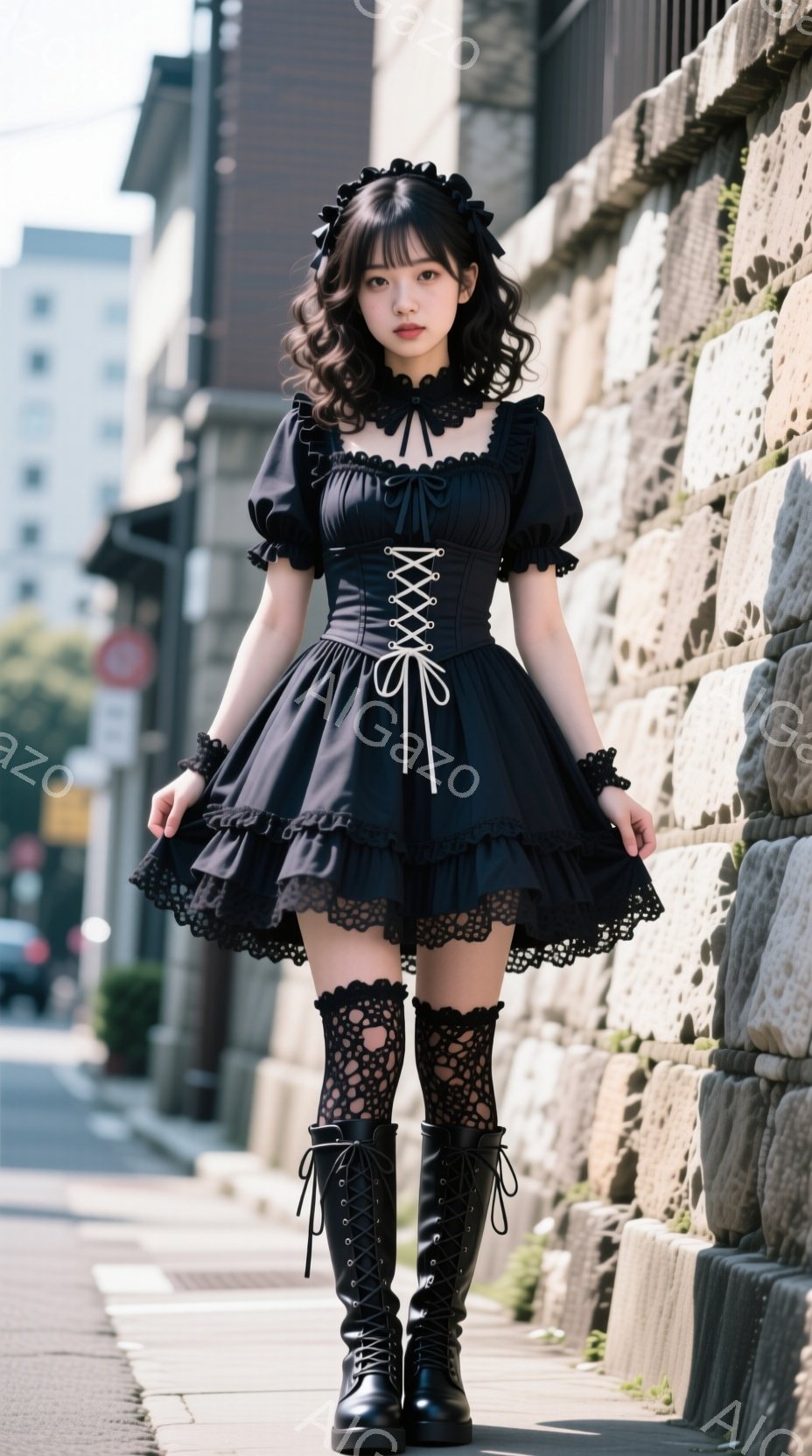 黒いレースとフリルが特徴のゴシック調のドレスを着た女性が写っています。彼女は黒髪をカールさせ、前髪を下ろしたスタイルで、少し微笑んでいます。背景には石造りの壁と建物があり、日当たりの良い晴れた日である - AI生成フリー素材